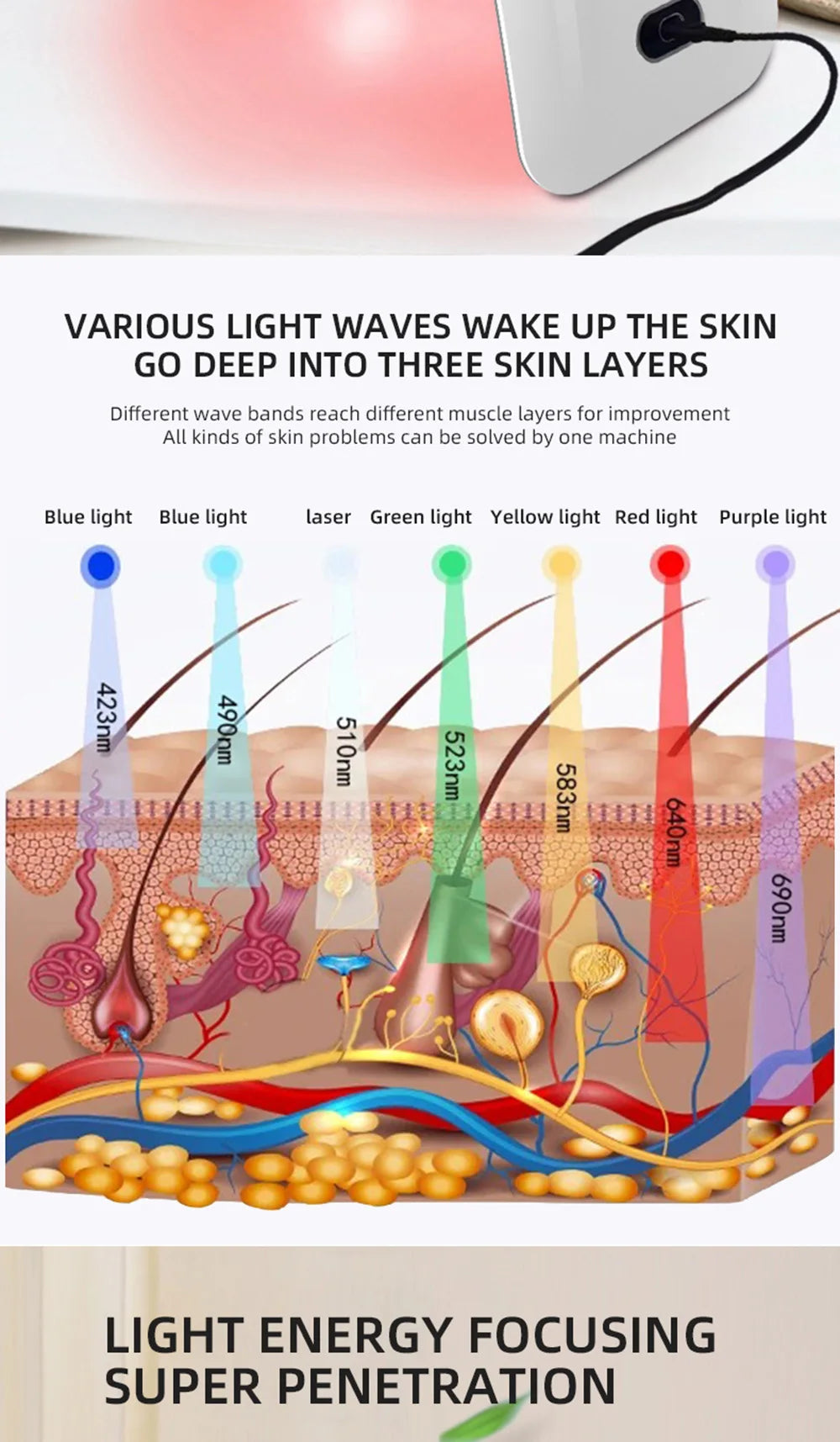 Diagram showing 7 LED light wavelengths penetrating skin layers, from surface to dermis, for skin rejuvenation therapy.