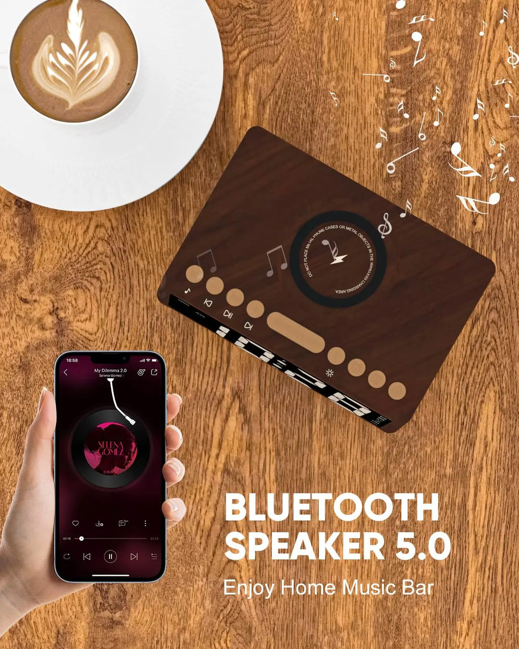 Wooden Digital Alarm Clock with Wireless Charger & Bluetooth Speaker Tidesmit