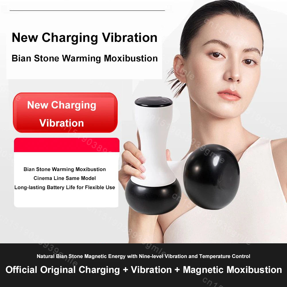 A person holds a cordless, white and black electric Bian stone massager with a smooth, rounded base for gua sha therapy.