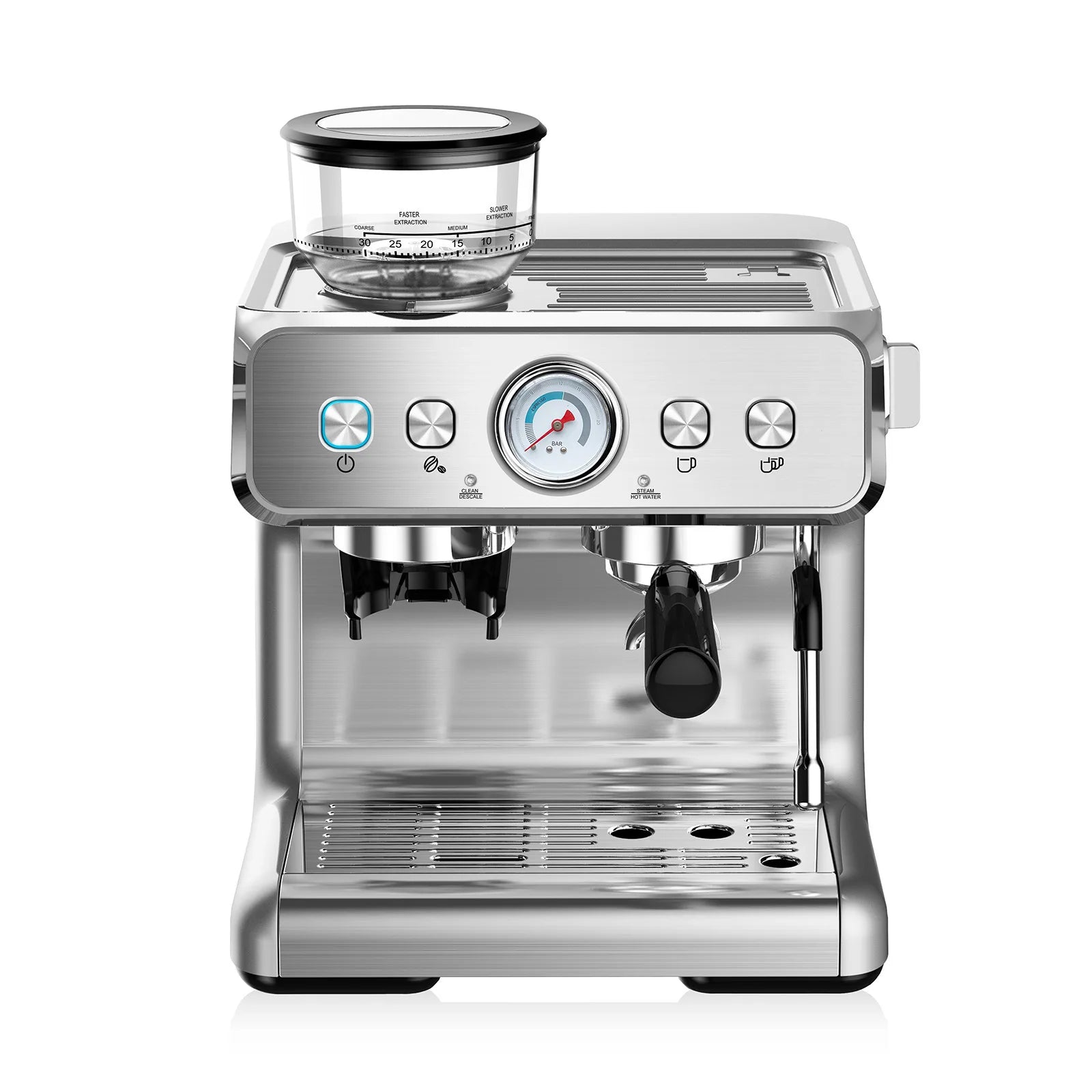 Breville stainless steel espresso machine with integrated grinder, pressure gauge, and steam wand for home coffee.