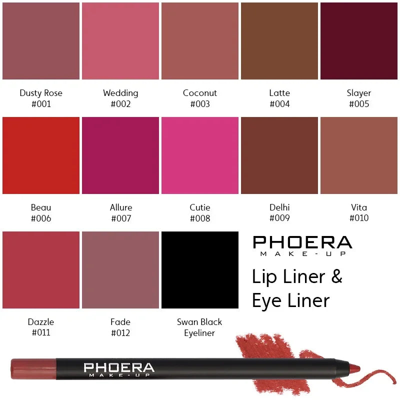 Matte waterproof lip liner pencil in various nude, brown, and bold shades for long-lasting, smooth lip makeup.