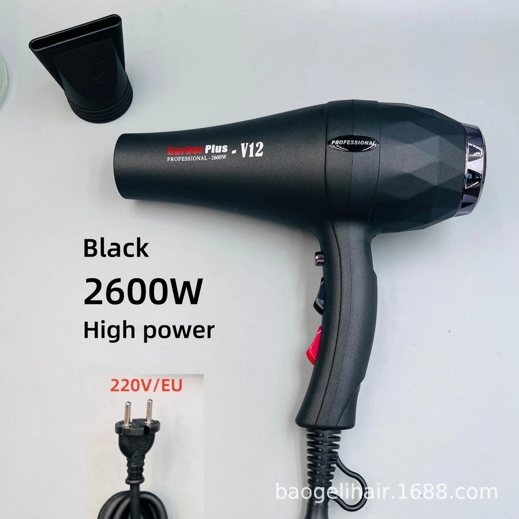 Black 2600W professional hair dryer with nozzle attachment, high-speed motor, and faceted design for quick styling.
