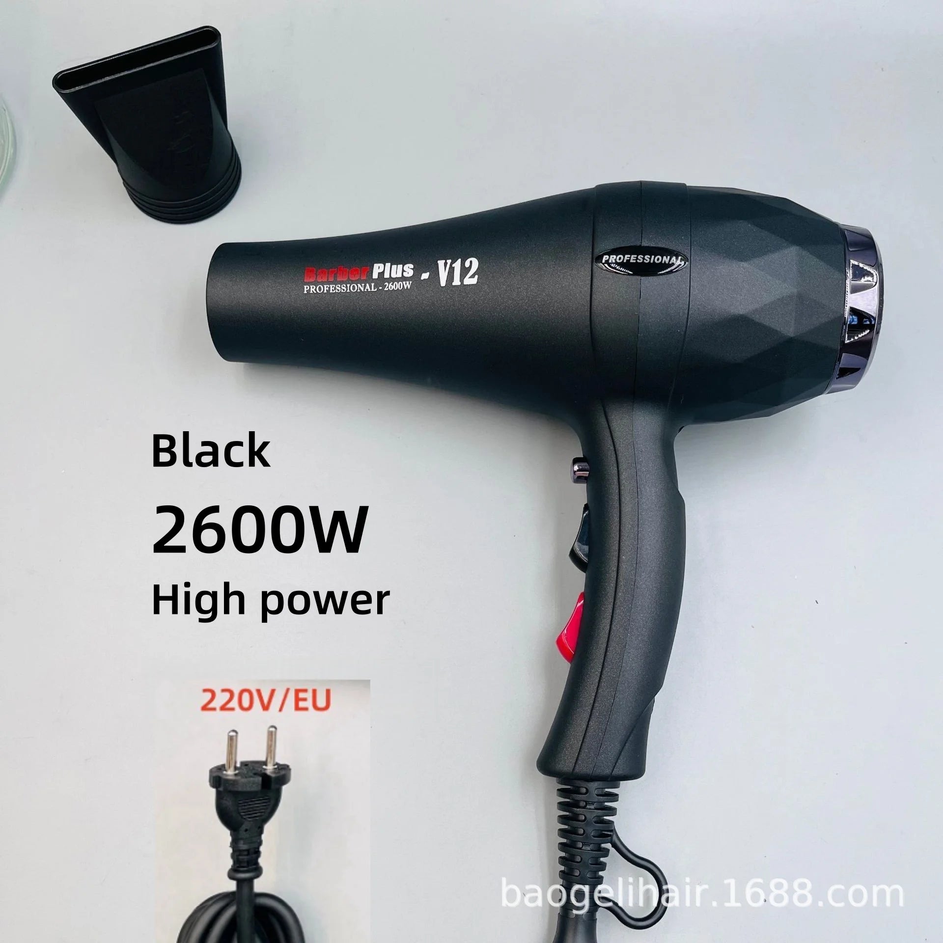 Black 2600W professional hair dryer with nozzle attachment, high-speed motor, and faceted design for quick styling.