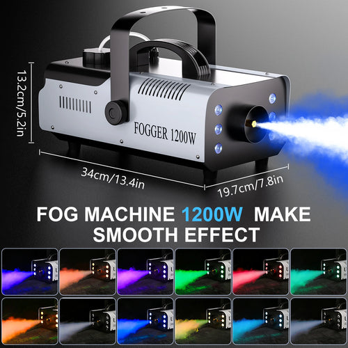 Black LED fog machine with front nozzle, side vents, and blue glow from round LEDs