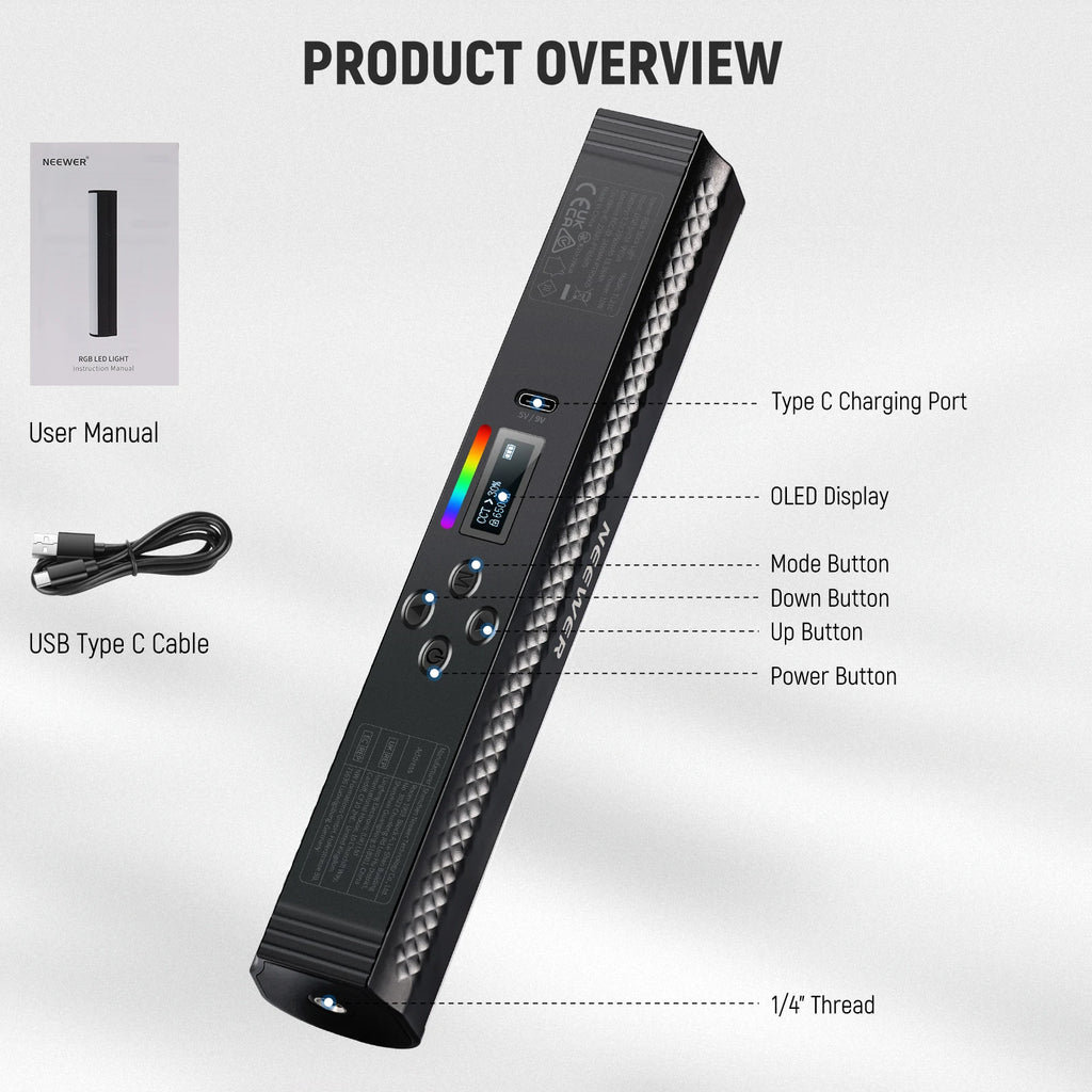Black handheld LED light stick with OLED display, control buttons, and USB-C charging for photography lighting.