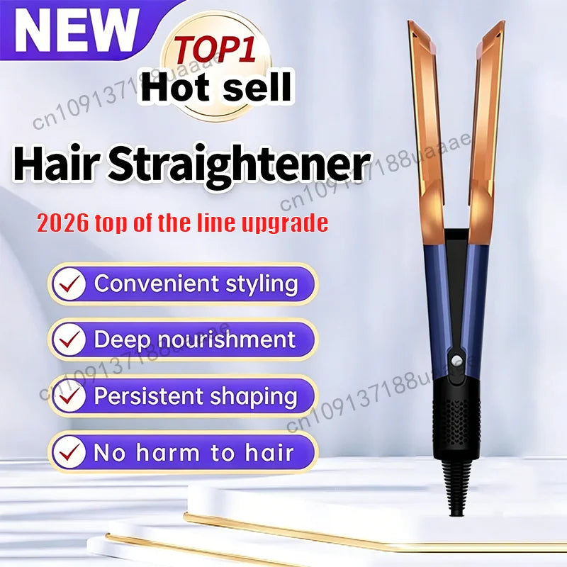 Blue and gold 2-in-1 negative ion hair straightener and dryer for professional, long-lasting, damage-free styling.
