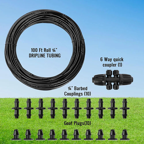 Black 1/4 in dripline tubing roll with included couplers and goof plugs