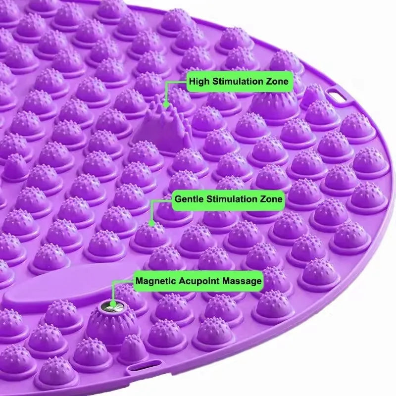 Purple circular foot massage acupressure mat with magnetic points and varied high and gentle stimulation nodes.