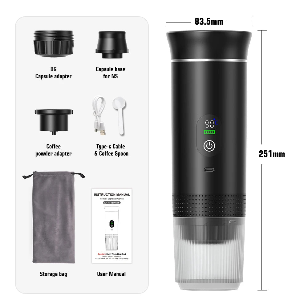 Black portable espresso machine with adapters, storage bag, and dimensions of 251mm by 83.5mm for coffee on the go.