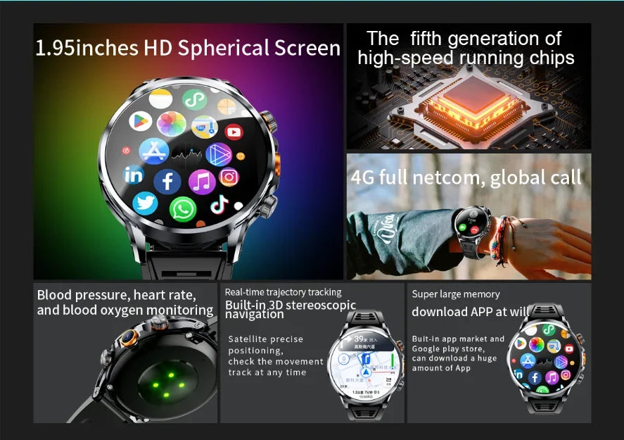 Smart Watch With 1.95 inch IPS 1100mah Battery 128GB ROM 500W Camera GPS WIFI Heart Rate APP Download Smartwatch Android 9.0