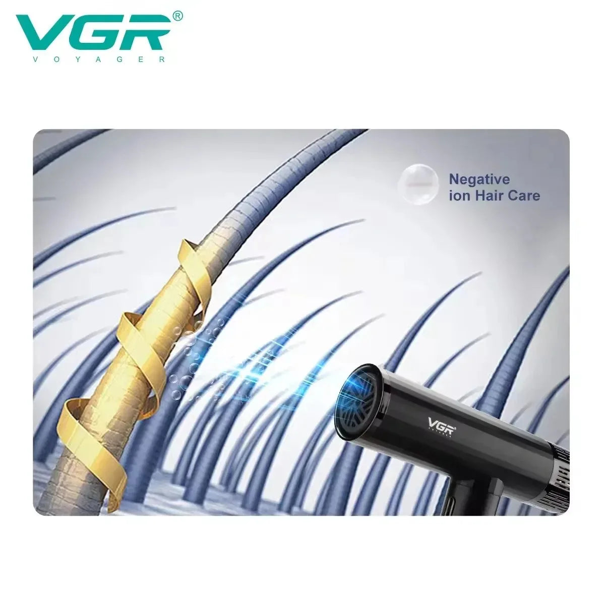 VGR V-427 black professional leafless hair dryer with negative ion technology for smooth, healthy salon-quality hair.