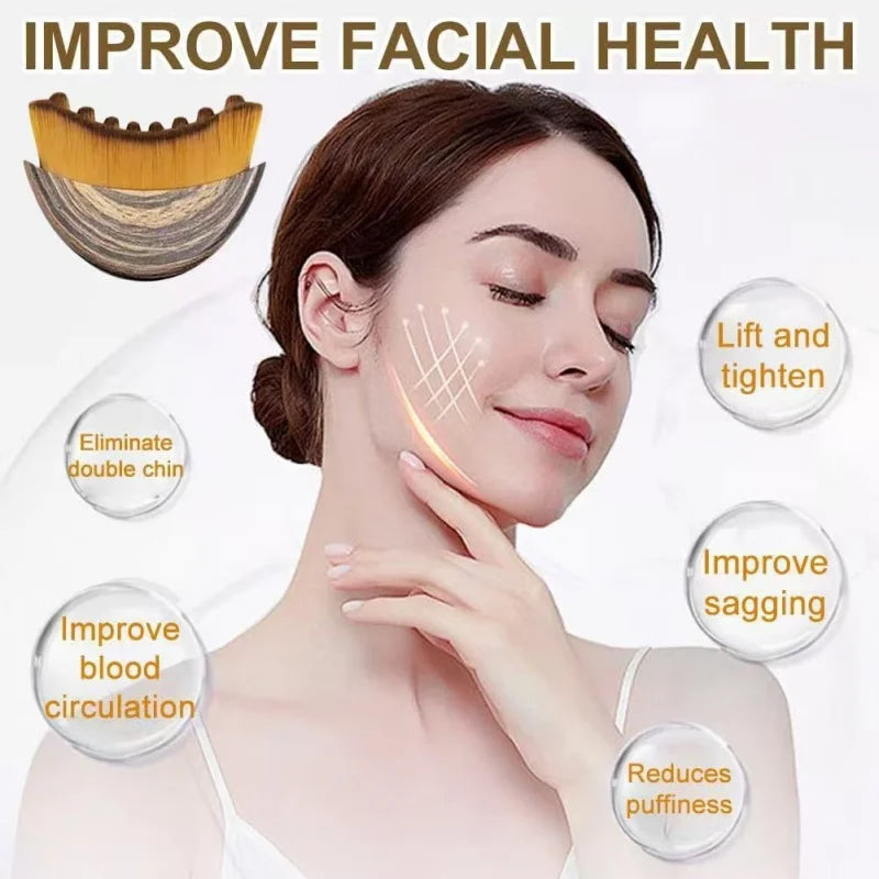 Soft fiber facial massage brush with wood-grain handle for lymphatic contouring, puffiness reduction, and skin lifting.
