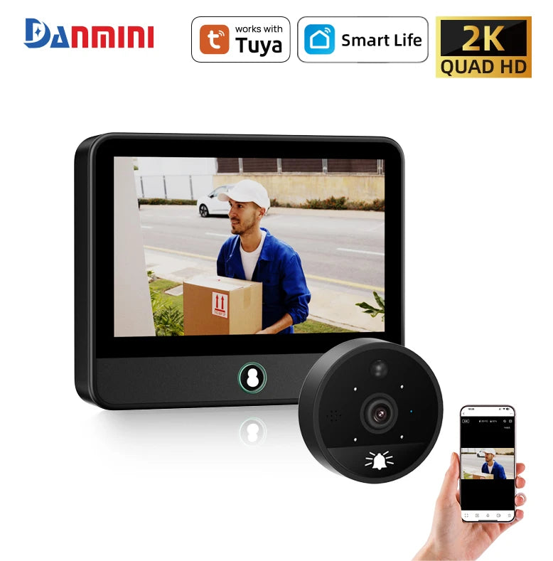 Danmini 4.3inch IR-CUT SmartLife Door Peephole Camera WiFi Tuya 2K 3MP 120° Doorbell Night Vision Digital Door Video Eye