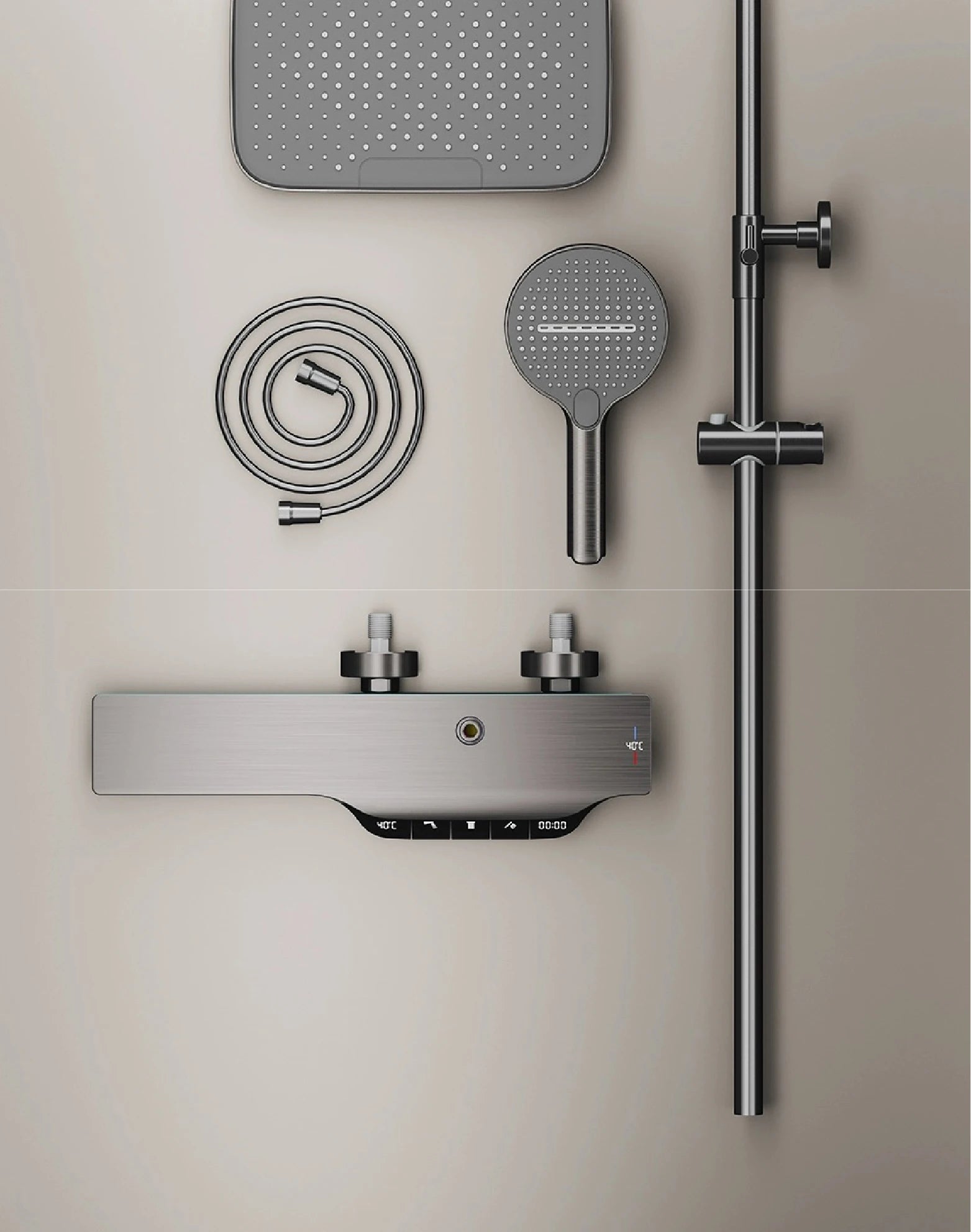 Luxury Brass Gun Gray Shower System Intelligent LED Digital Display Constant Temperature Design, Dual Control Bathroom Faucet