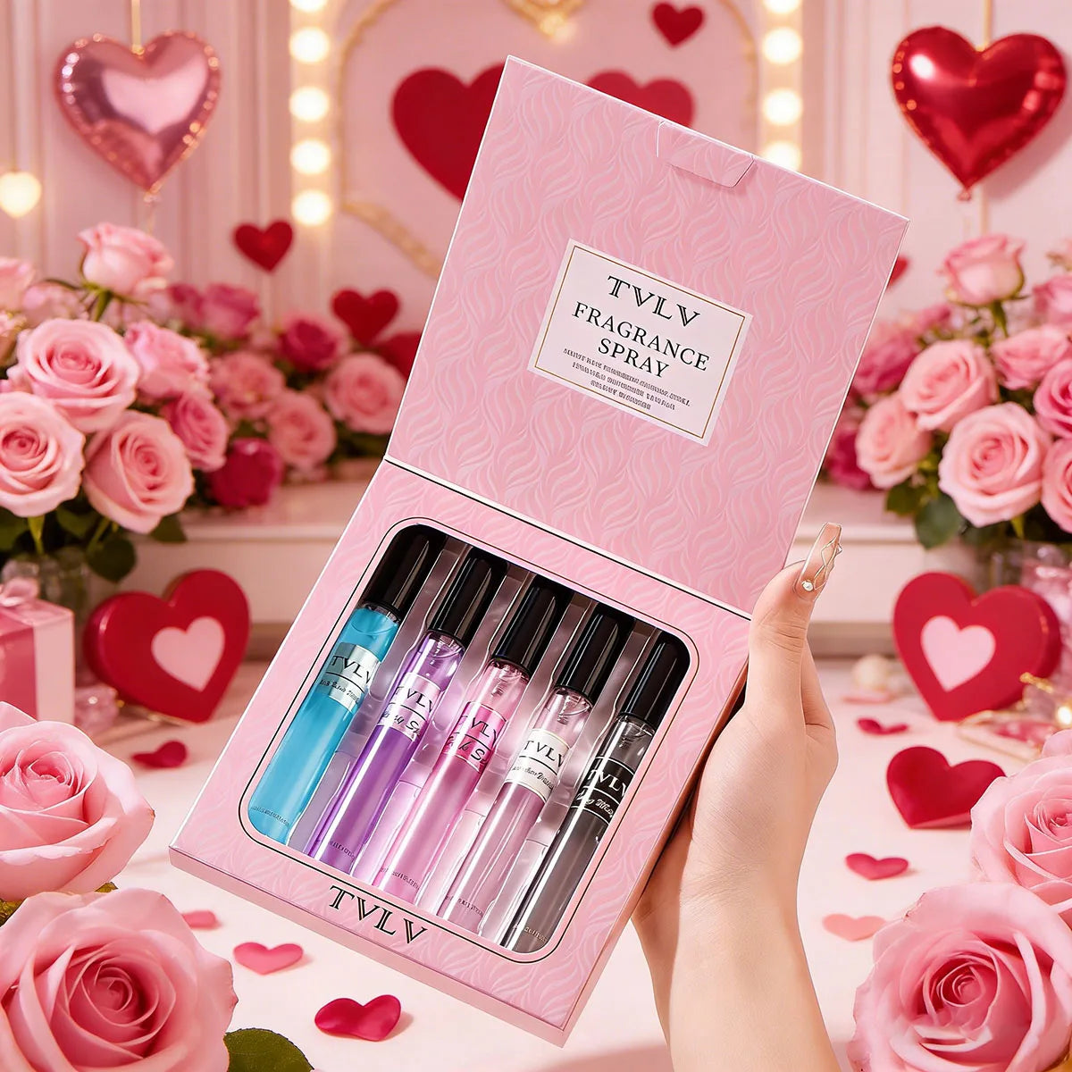 TVLV women’s fragrance gift set: 5 slim floral, fruity, vanilla scent spray vials in pink box. Perfect Valentine’s gift.