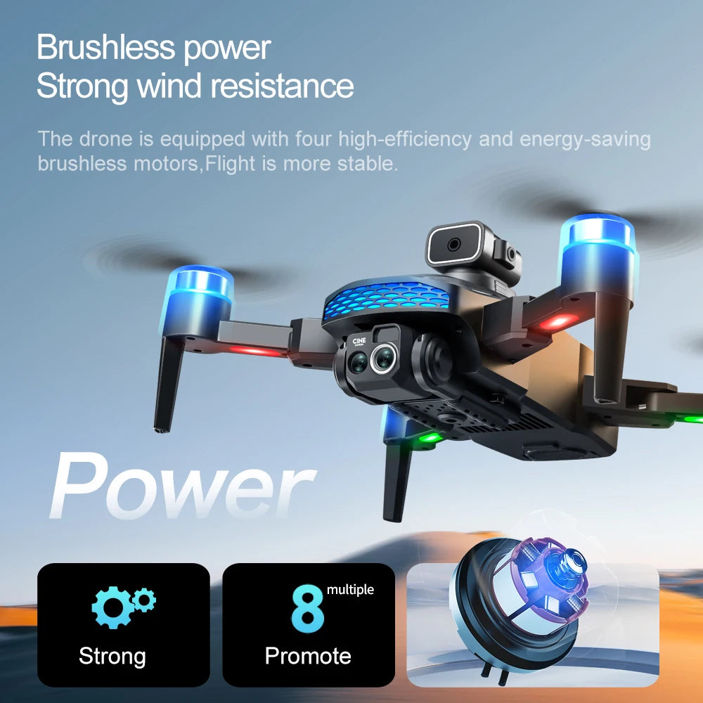 Black foldable drone with camera and colorful LED lights on motors, designed for stable flight.