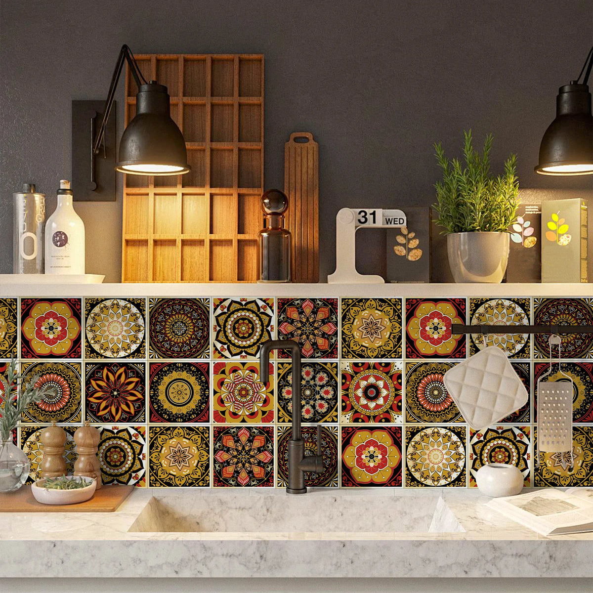 Multicolor tile-pattern self-adhesive wallpaper with circular floral mosaic tile squares