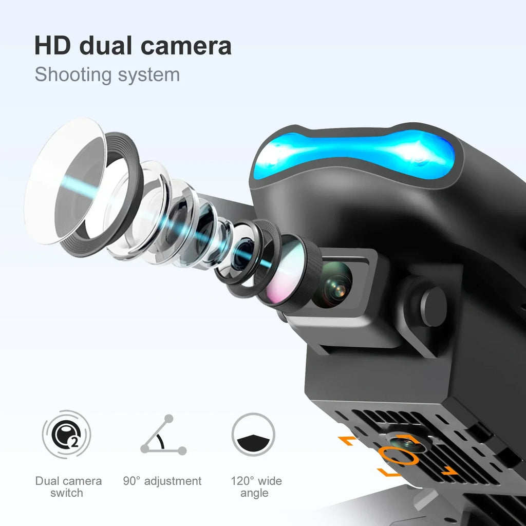 Black HD dual camera for drones with exploded lens view, blue LED lights, and adjustable wide-angle lens.