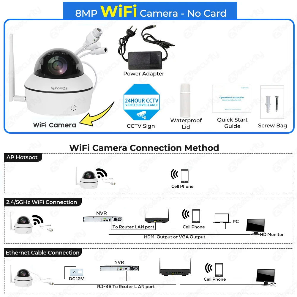 White 8MP WiFi dome PTZ security camera, no MicroSD card included