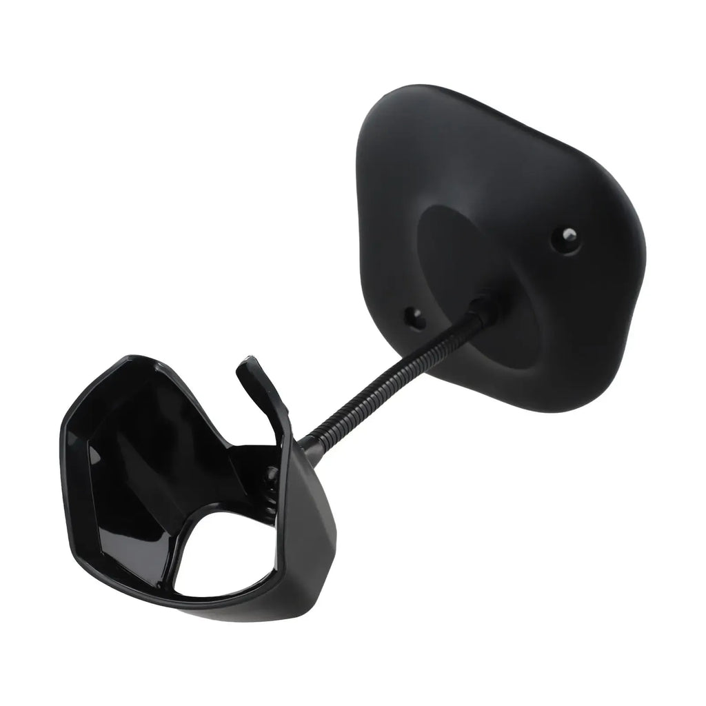 Barcode scanner bracket end view with cradle holder and mounting plate, black