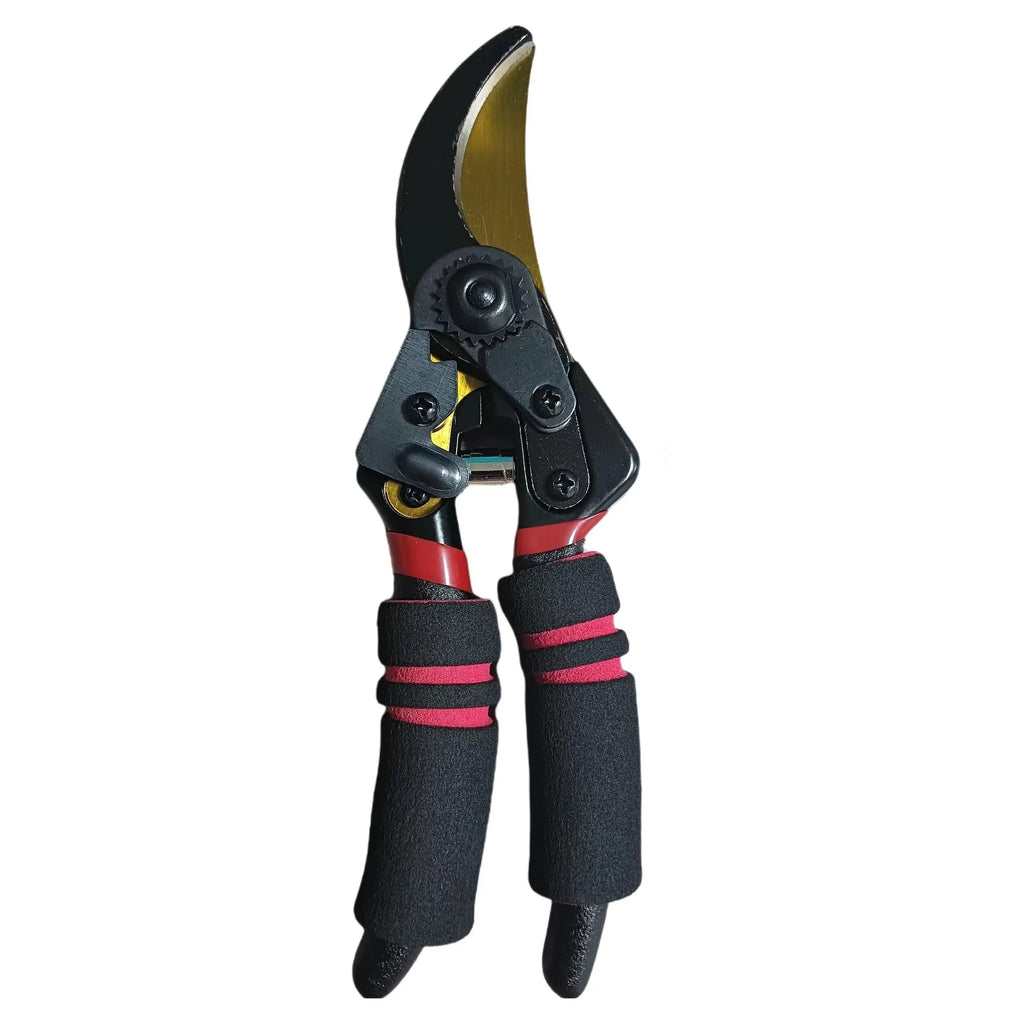 Pruning shears with curved yellow blade, black pivot head, red-striped finger grips