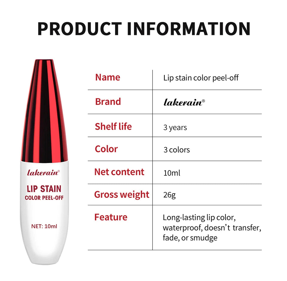 Lakerain waterproof peel-off lip stain in white tube with red cap. Long-lasting, transfer-resistant matte lip makeup.