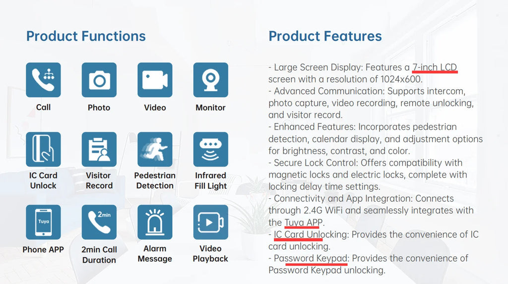 New Tuya Smart 2-wired Doorbell Wifi Video Intercom System with APP Remote IC Card Unlock 1080P 7inch Touch Screen