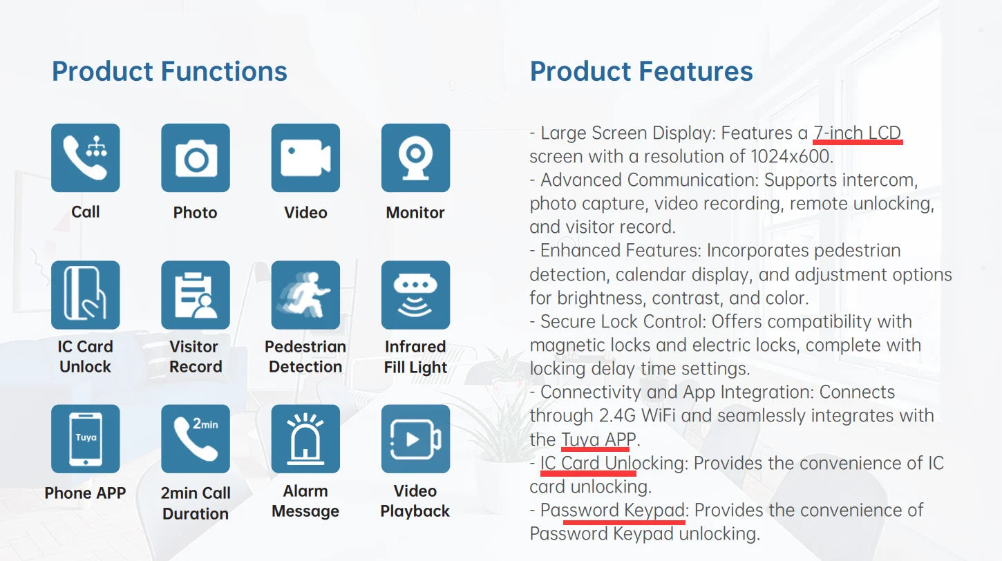 New Tuya Smart 2-wired Doorbell Wifi Video Intercom System with APP Remote IC Card Unlock 1080P 7inch Touch Screen