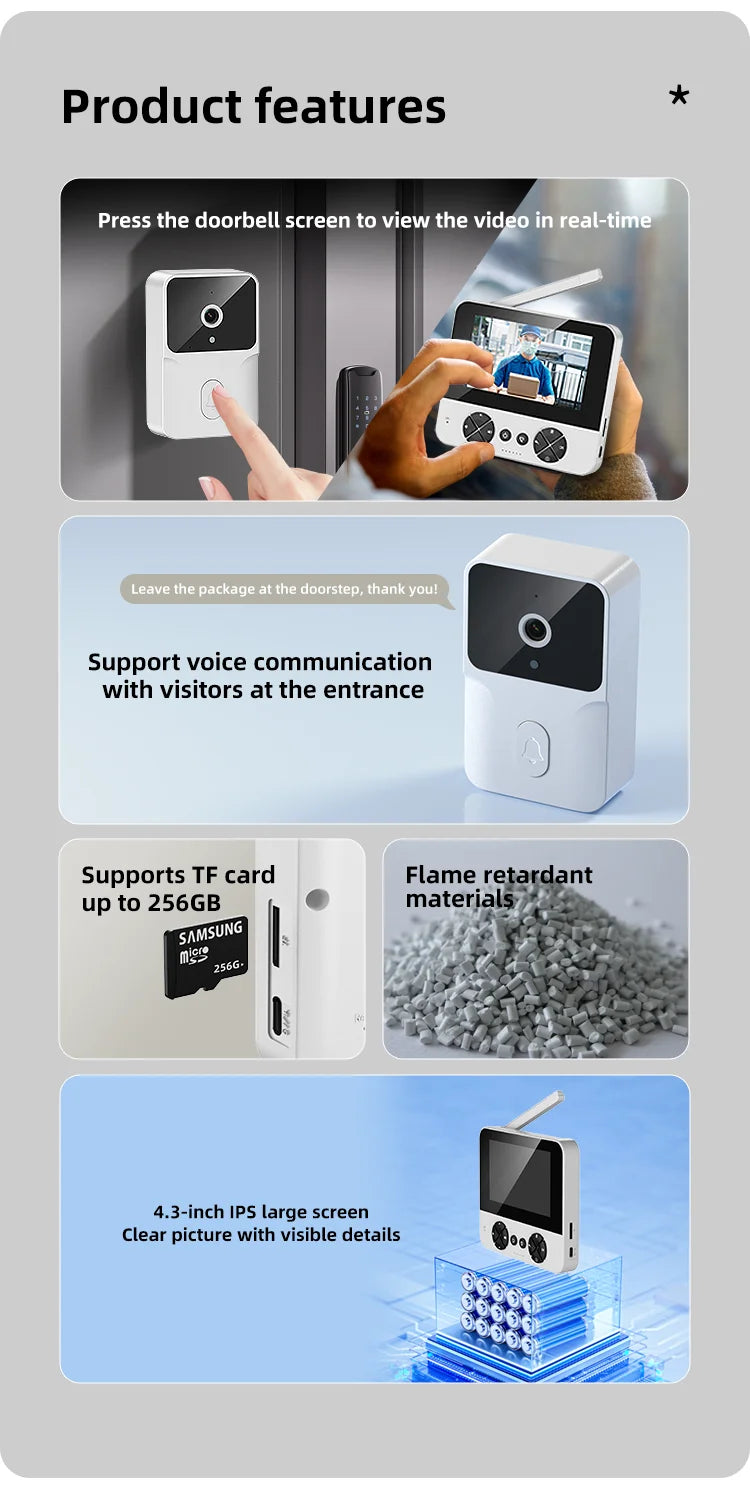 4.3 "Upgraded two-way wake-up infrared night vision video doorbell can be installed with indoor and outdoor electronic doorbells
