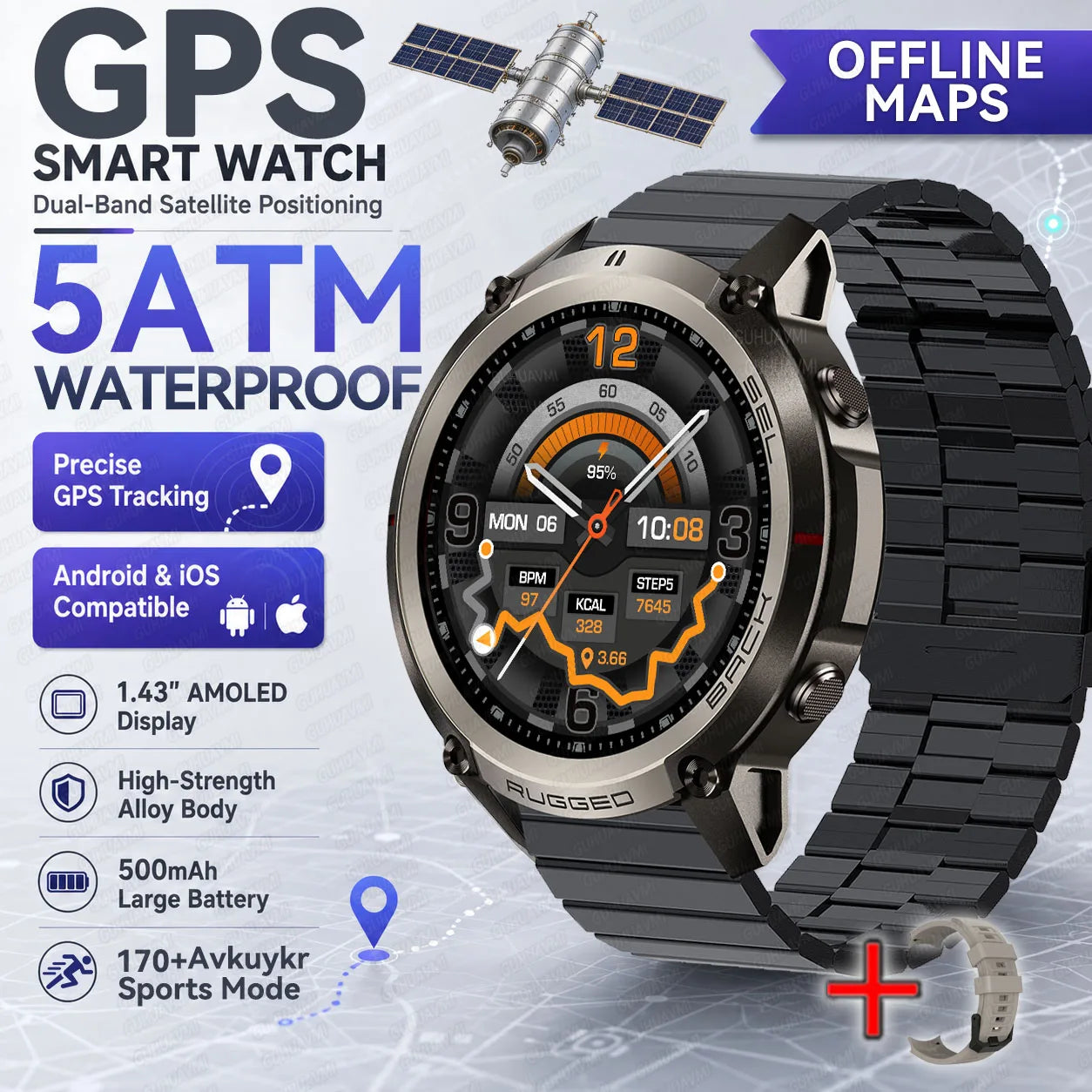 2026 Outdoor Tactical GPS 1.43"AMOLED Smart Watch Offine Map Compass Heart Rate Fitness Tracker 5ATM Waterproof Sports Watches