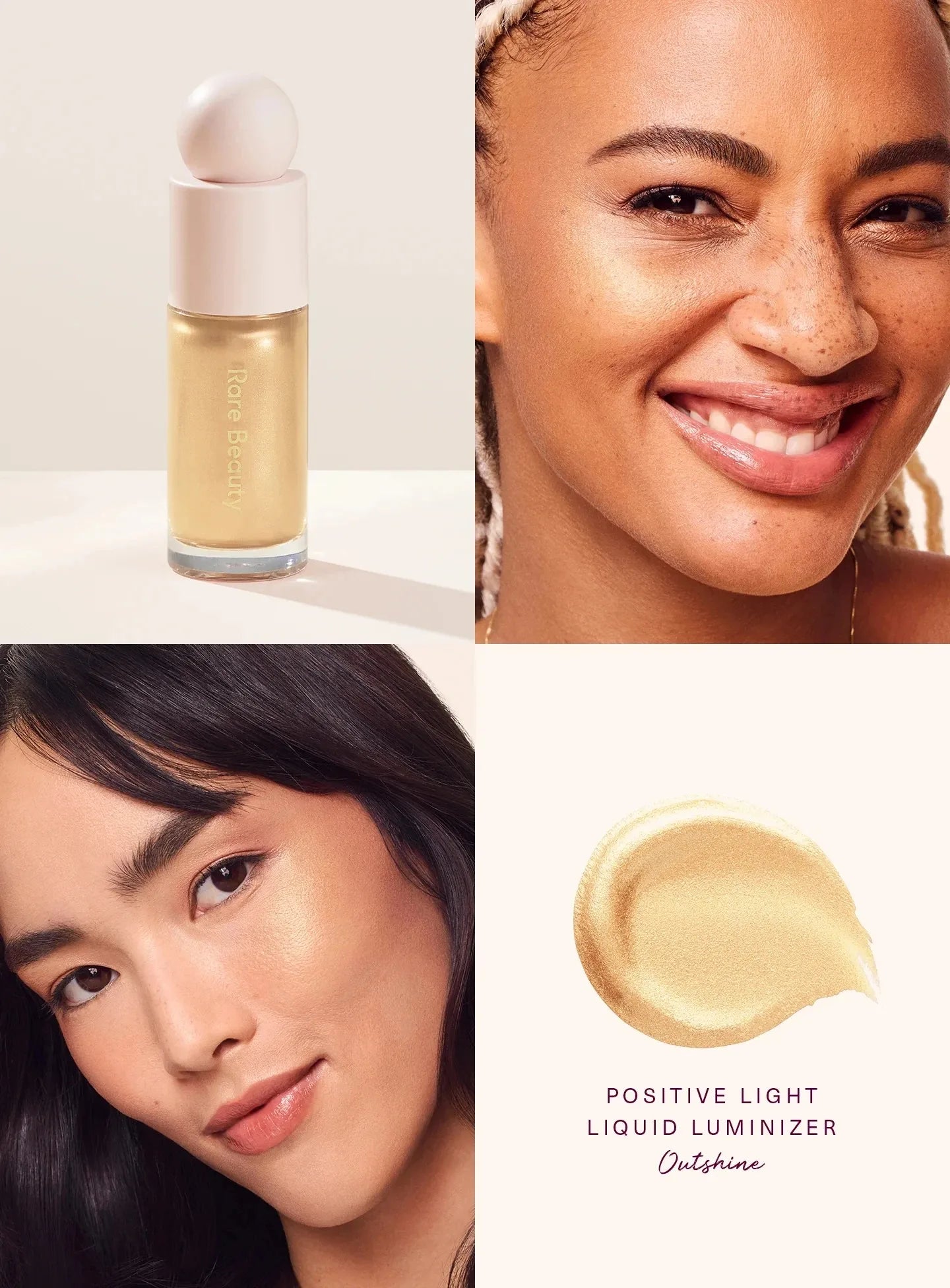 Rare Beauty Positive Light Liquid Luminizer in gold. Creamy, shimmering liquid highlighter swatch and model application.