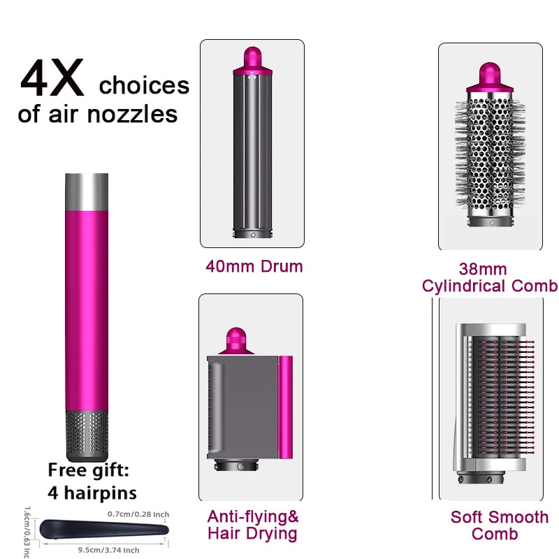 SenCiciMen 6-in-1 hot air brush set with 4 pink attachments: 40mm curling barrel, comb, and anti-flyaway nozzle.