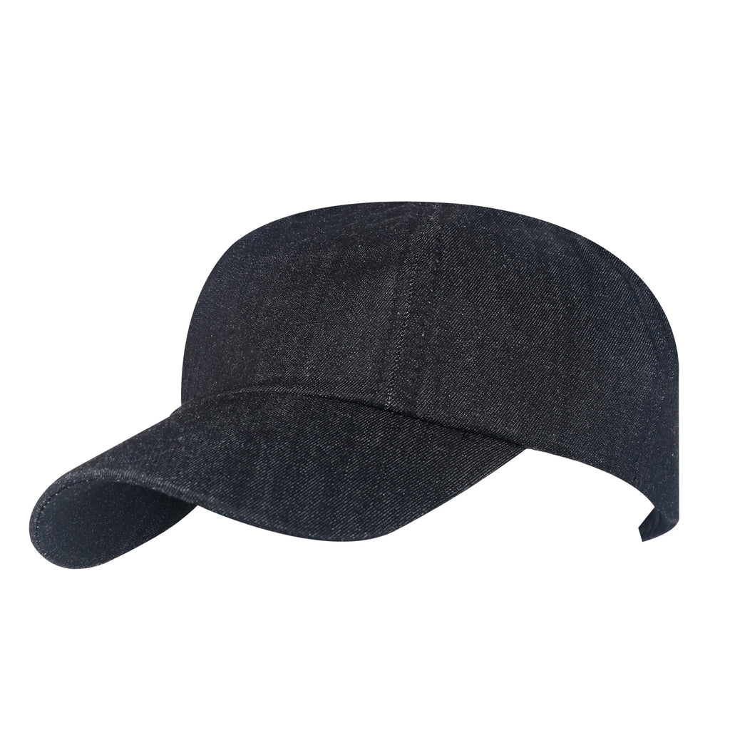 Black denim baseball cap LED red light therapy device for hair growth and scalp relaxation on white background.