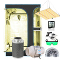 Grow tent kit with hanging LED panel, yellow lining, duct fan and controller display