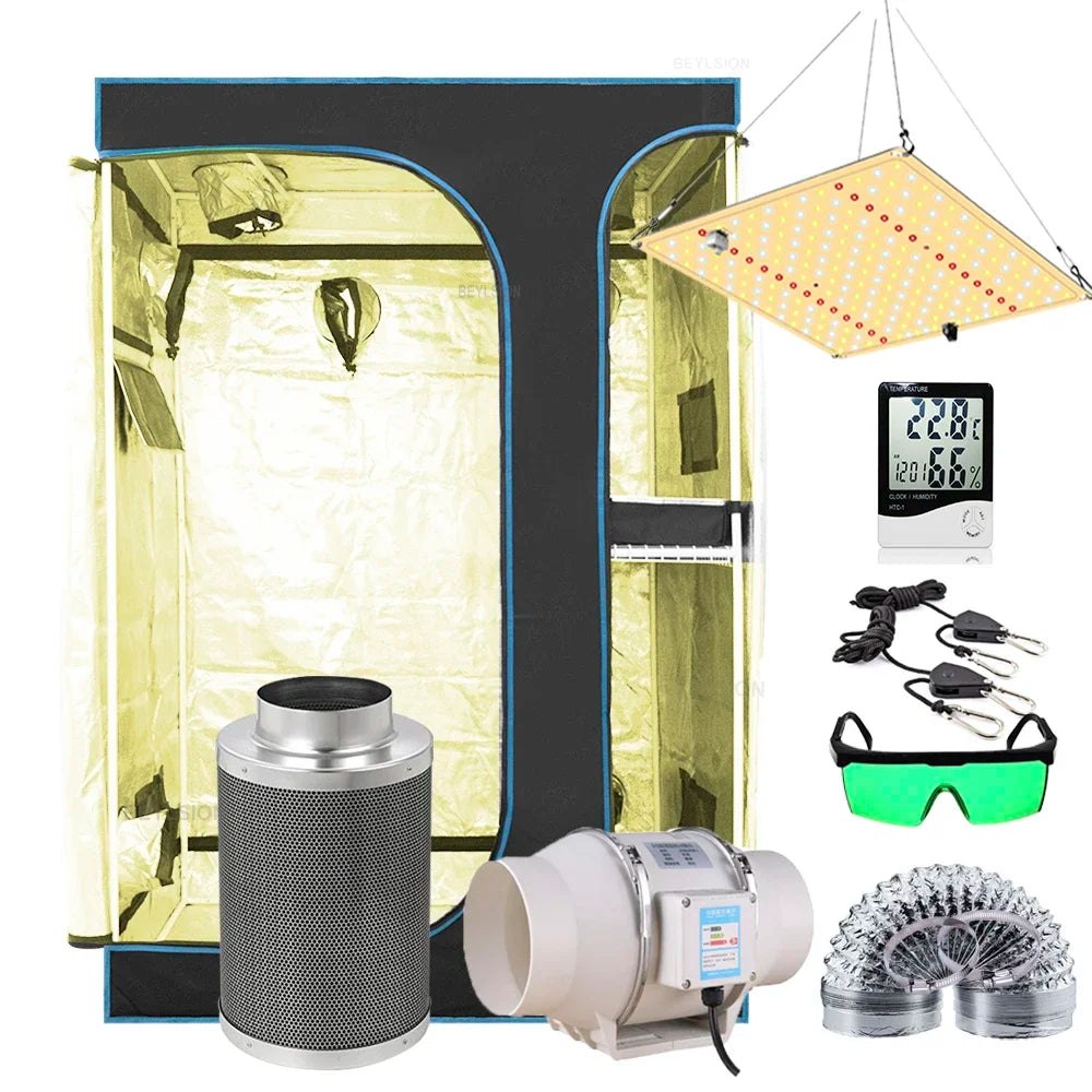 Grow tent kit with hanging LED panel, yellow lining, duct fan and controller display