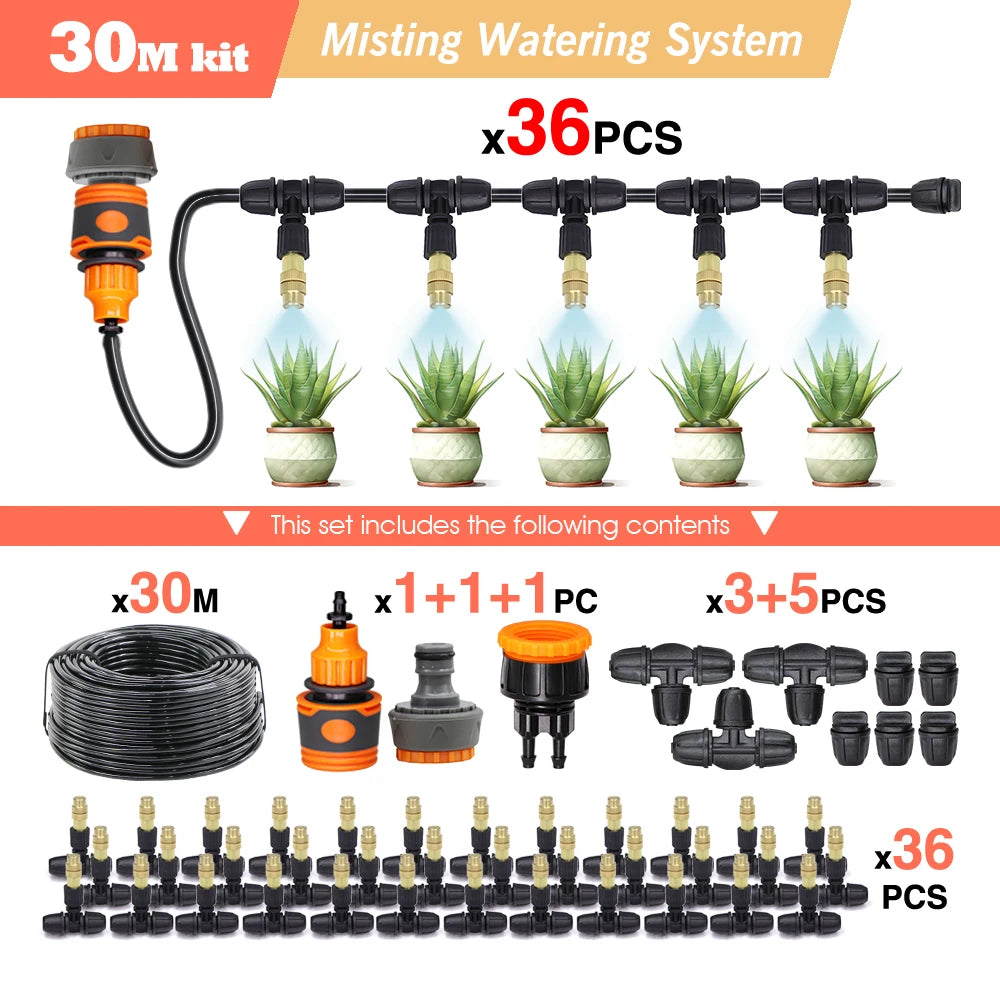 30m misting watering system kit with black tubing, orange valve, and multiple spray nozzles