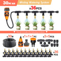 30m misting watering system kit with black tubing, orange valve, and multiple spray nozzles