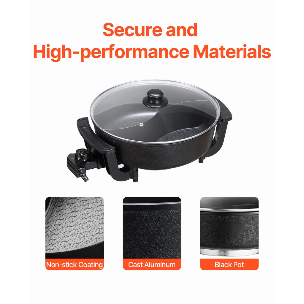 Electric hot pot with glass lid, black nonstick coating, cast aluminum body
