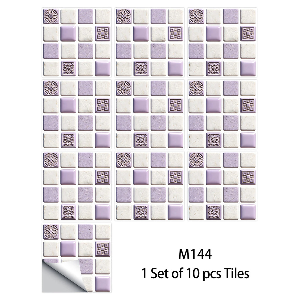 10pcs Flat Mosaic Tiles Sticker Set Kitchen Bathroom Wall Decals Gloss Waterproof Film 2D Surface Cover Transfers for Home Decor