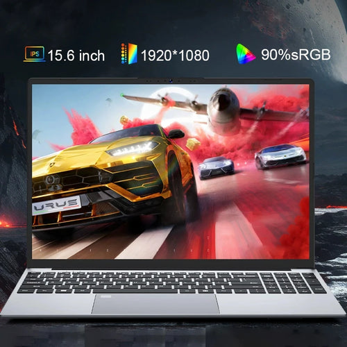 Silver 15.6-inch laptop with thin-bezel screen, black keyboard with number pad, and large centered trackpad.