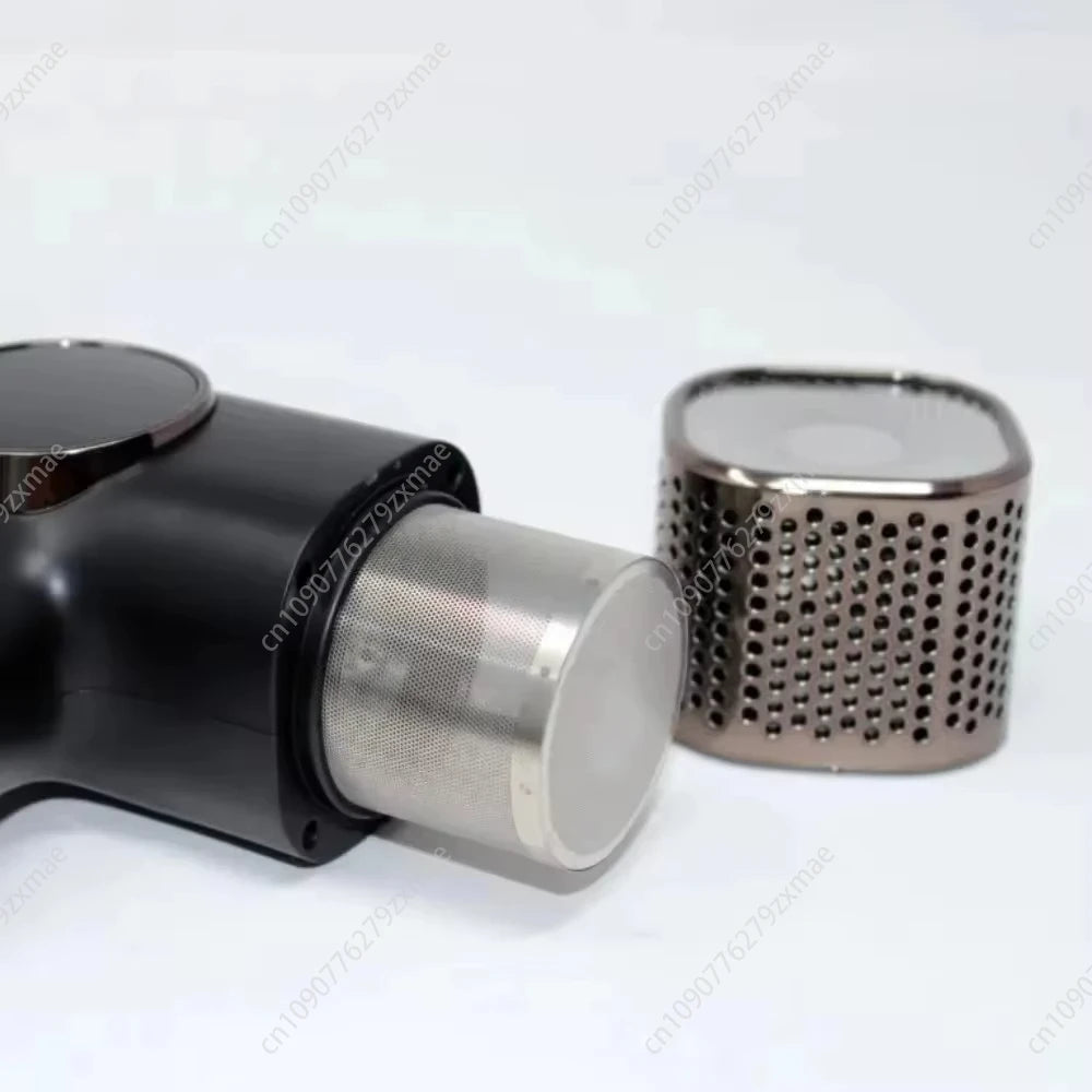 Black professional high-speed hair dryer with a detachable mesh filter for easy cleaning and salon-grade styling.