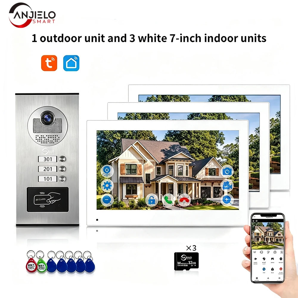 ANJIELO 7 Inch 1080P Tuya WiFi Video Door Phone 2‑4 Units Multi Apartment Intercom Remote Unlock Home Security Video Doorbell