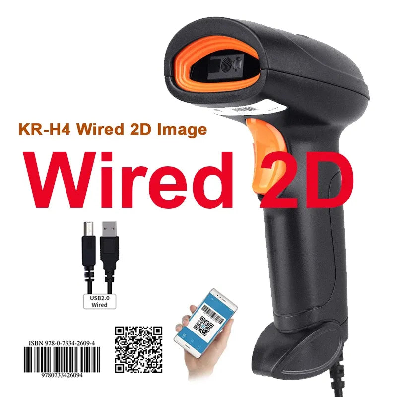 Black wired handheld 2D barcode scanner with orange accent ring and trigger
