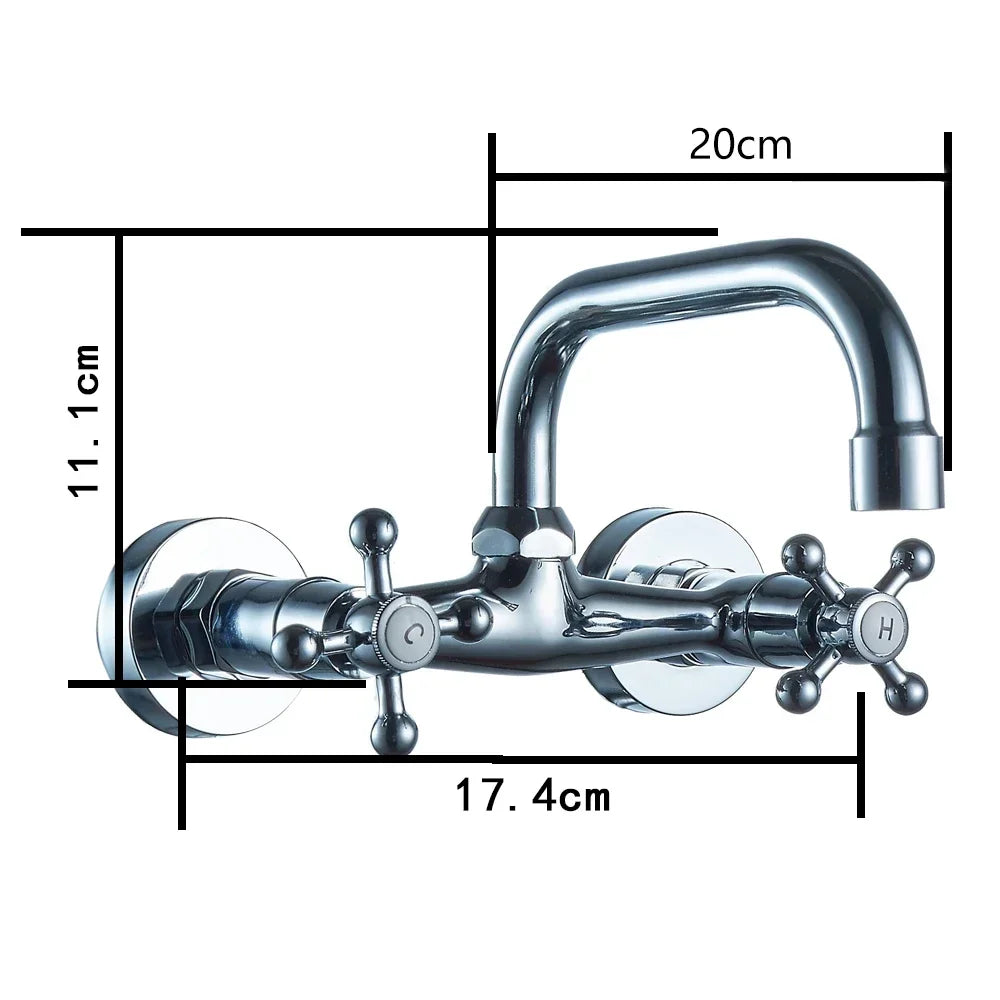 Modern Brass Bathroom Faucet, Wall Mount Two-handle Washbasin Mixer Tap, for Kitchen, Bathroom, Laundry, Garden, Silver