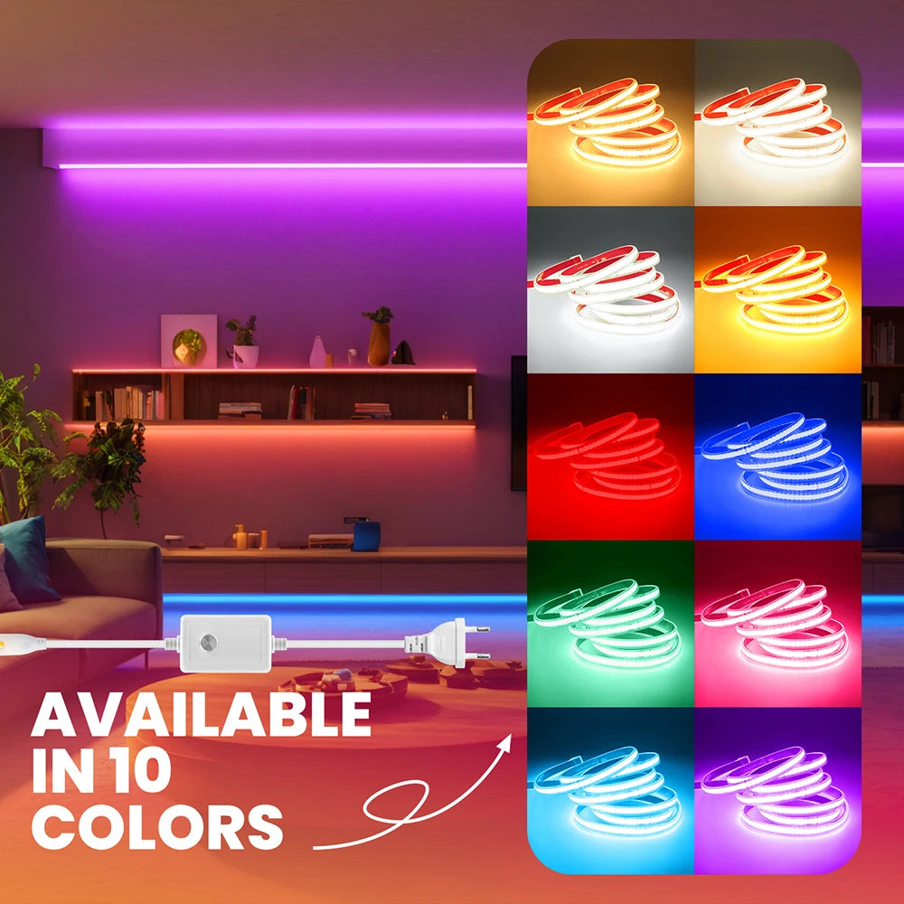 220V 10 Colors Dimmable COB LED Strip Light 240 LEDs Flexible Tape Dimmer EU Power Plug Kit TV Night Lights Home Linear Lighting