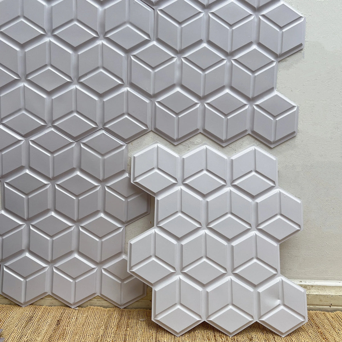 Peel-and-stick raised hexagon tile backsplash, glossy white 3D pattern