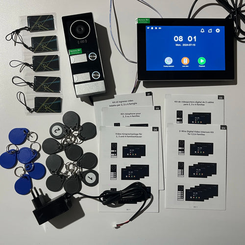 2-wire video intercom kit with wall door stations, 7-inch monitors, and wiring set