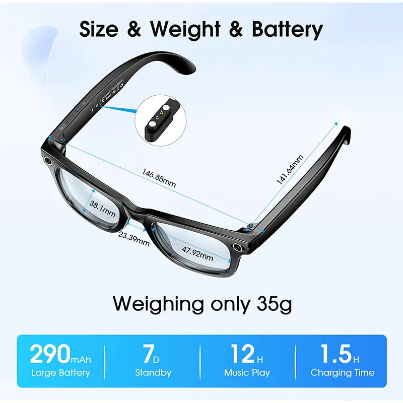 Black smart glasses with technical dimensions, 35g weight, 290mAh battery, and magnetic charging port details.