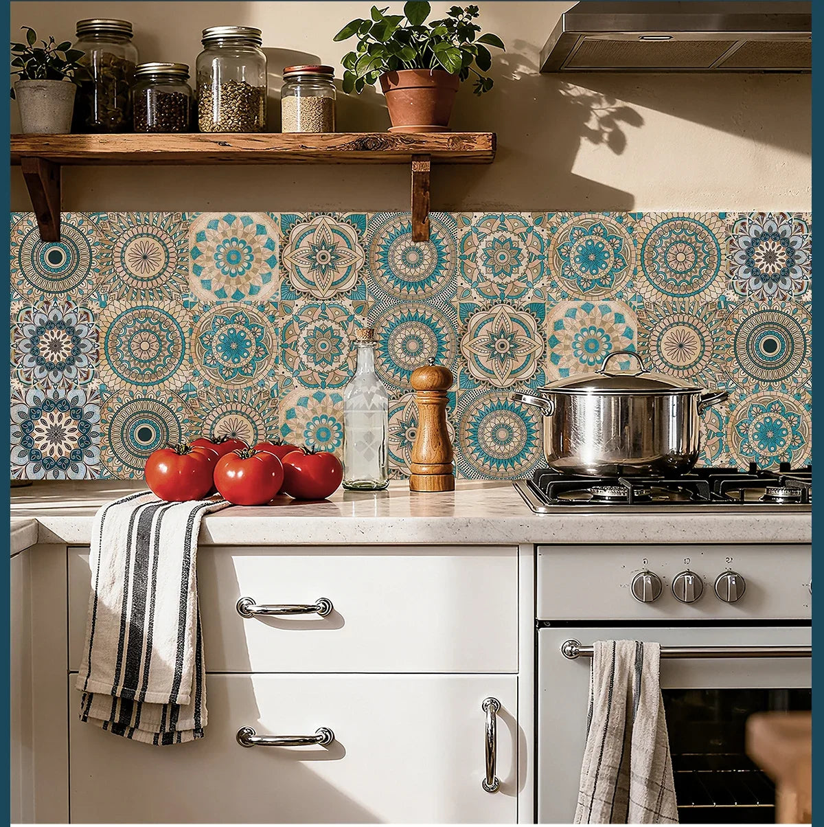 Neutral Boho Floral Tile Stickers Self Adhesive Glossy PVC Waterproof Decals Kitchen Bath Cabinet Backsplash Wall Home Deco