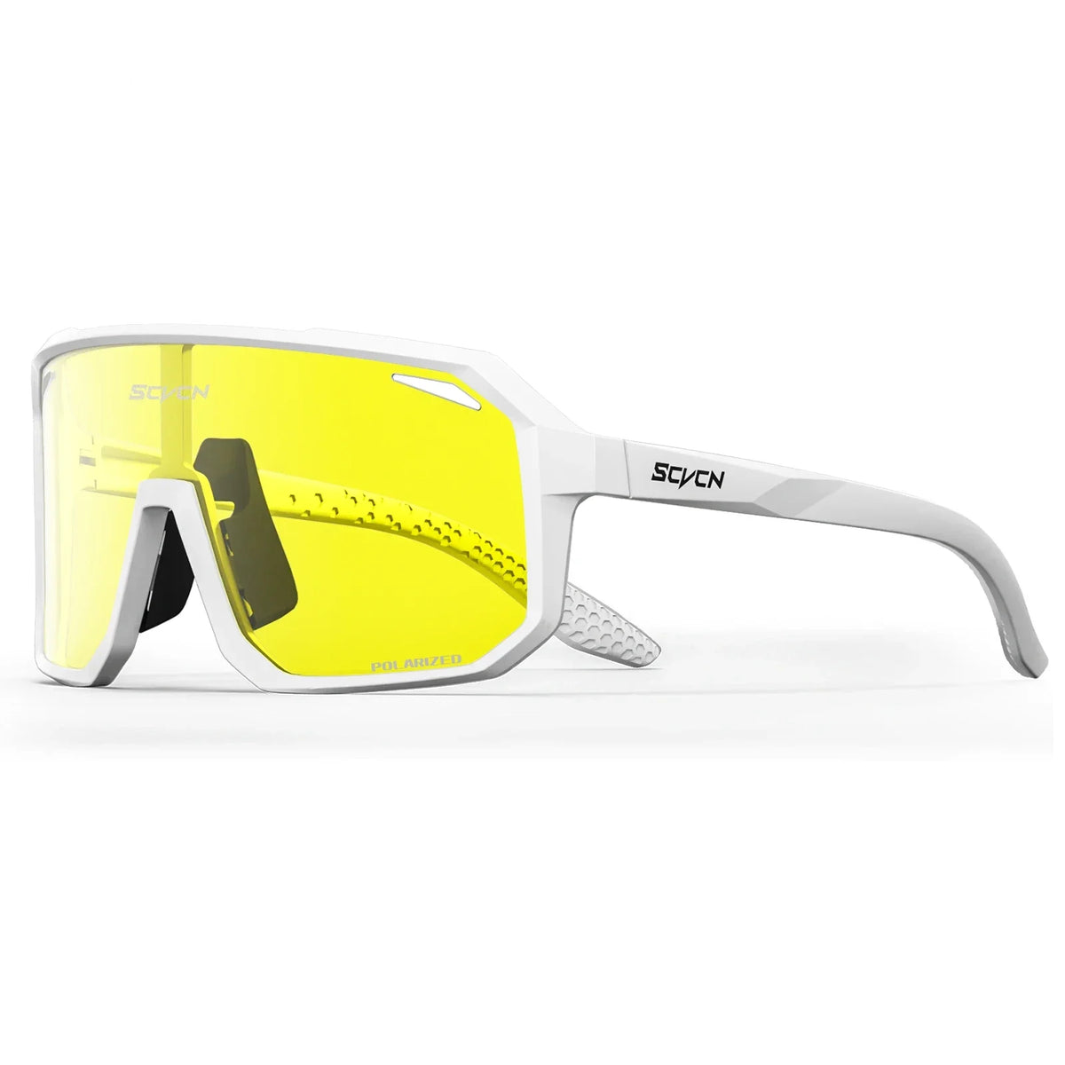 White cycling sunglasses with yellow polarized lenses, wraparound frame.